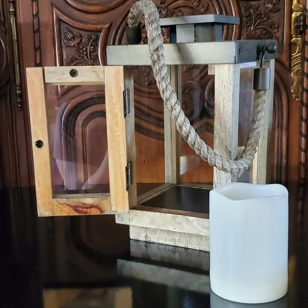 Williams Sonoma High Quality Wood/ Glass/ Steel/ Rope Lantern + Free LED 🕯